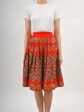 1950s Bright Red and Green Paisley Print Circle Skirt