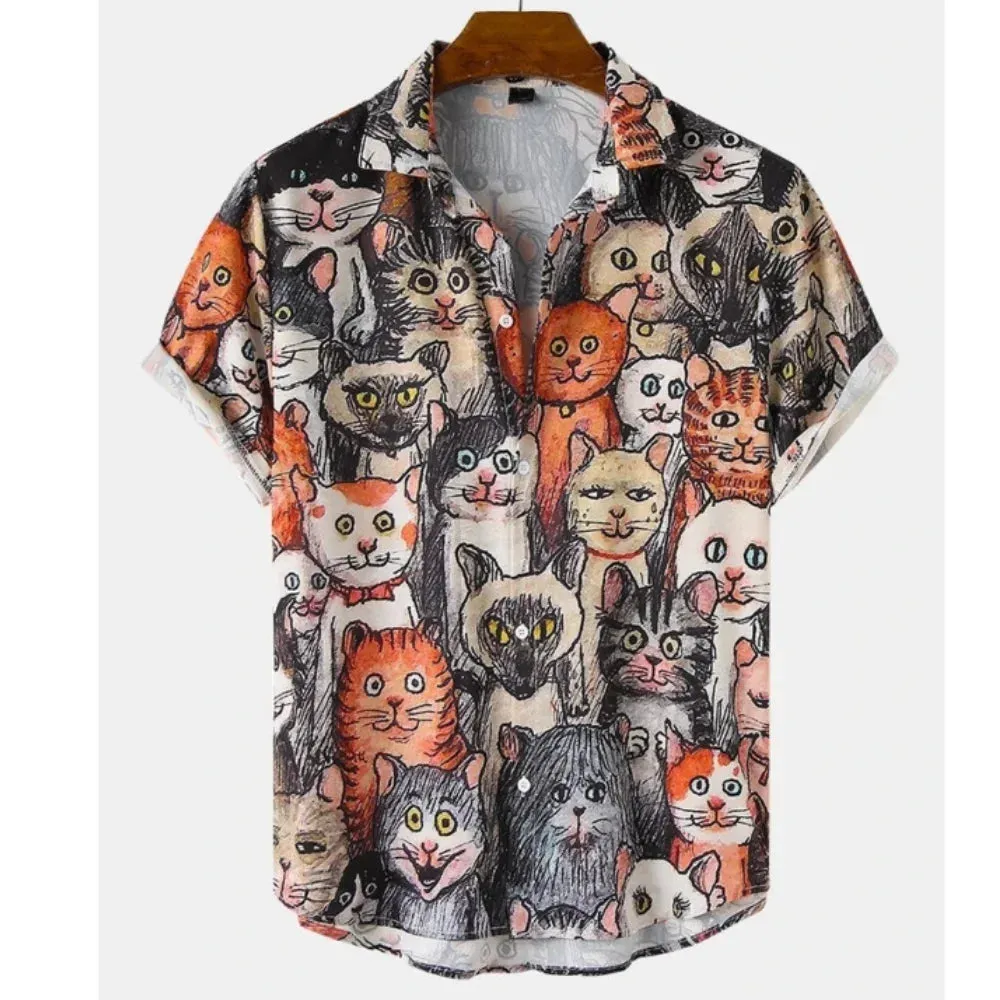 2024 Summer Hawaiian Men's Shirt Casual 3D Cat Print Shirt Men/Women Extra Large Homebres T-shirt Clothing Retro Camisa