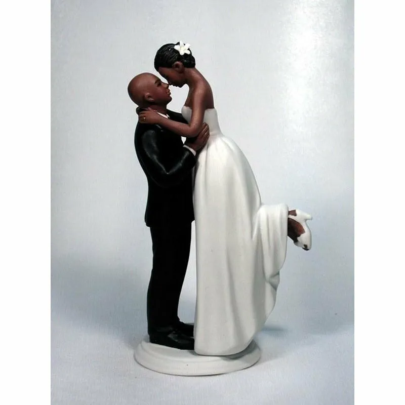 African American Bride and Bald Groom Wedding Cake Topper