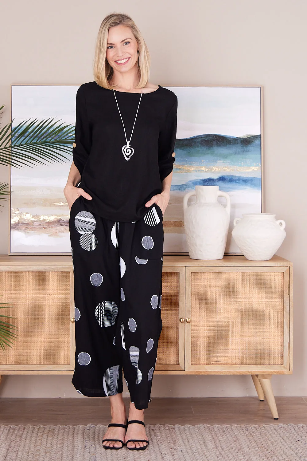 Aiko Linen Pants - Black Circle Print