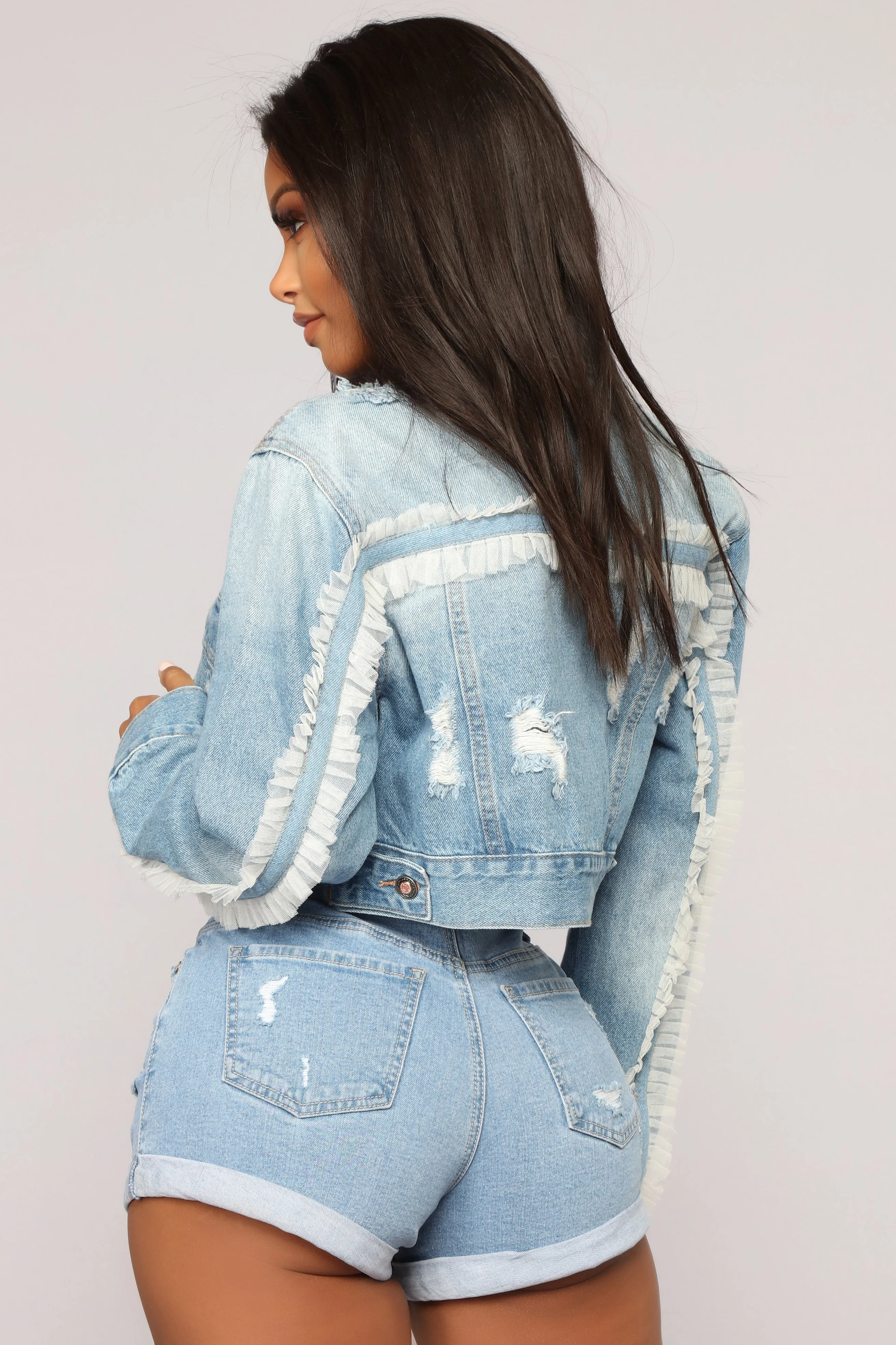 All Ruffled Up Denim Jacket - Light Blue Wash