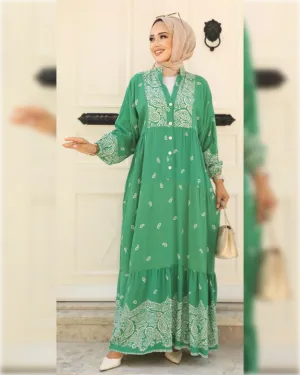 Alma Casual Cotton Dress in Green Shade فستان ألما العملي من القطن الناعم باللون الأخضر الجميل