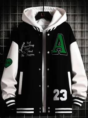 Alphabets Print Color Block Varsity Jackets, Men's Casual Baseball Collar Jacket Coat For Spring Fall