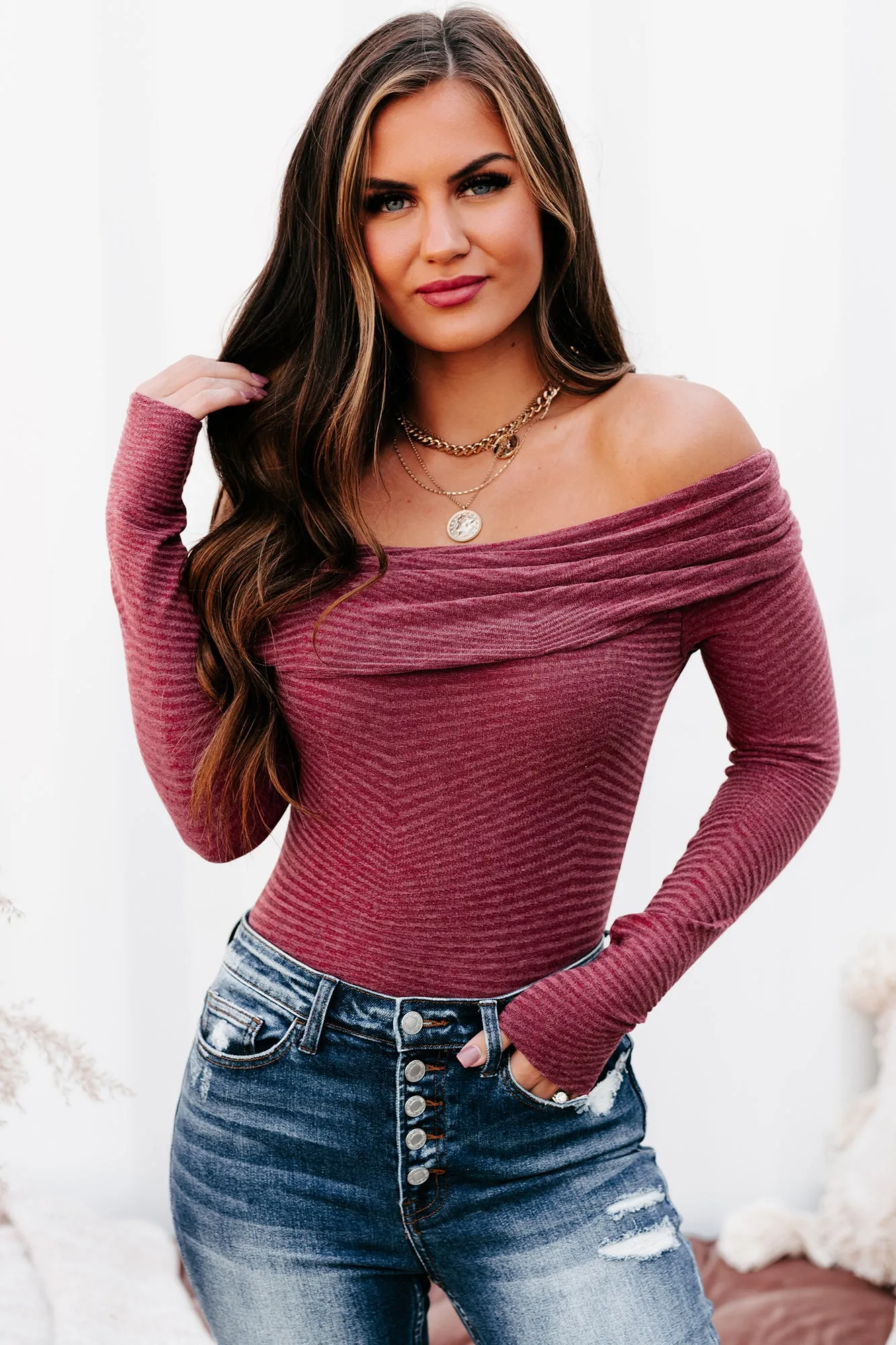 Always Presentable Long Sleeve Off The Shoulder Bodysuit (Burgundy)