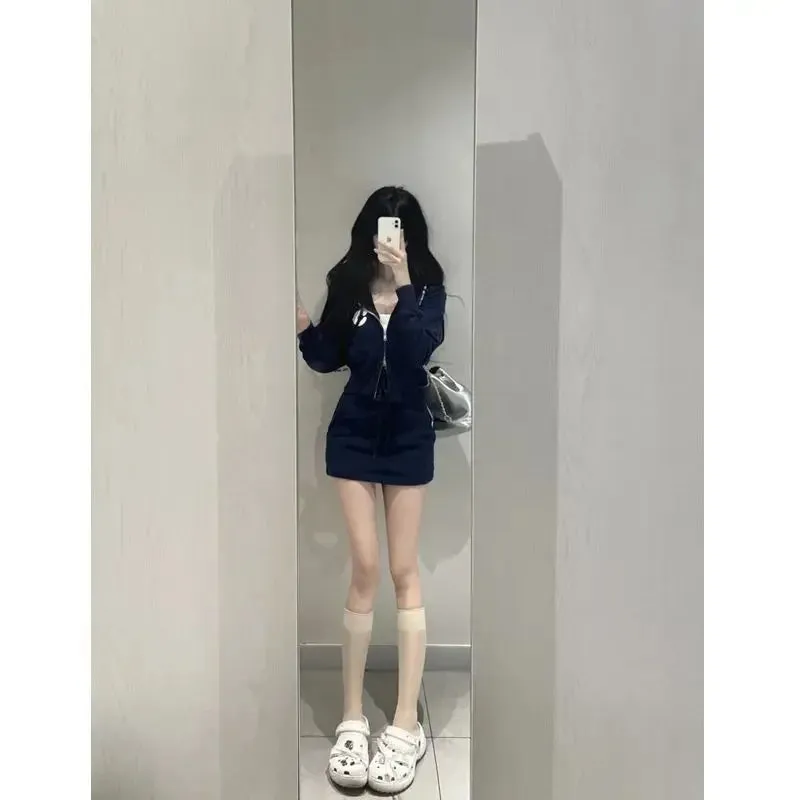 Amozae-2024 Spring New Preppy Style Women's Mini Dress Cropped Zipper Hooded Sweatshirt Jacket High-waisted Slimming Booty Lifting