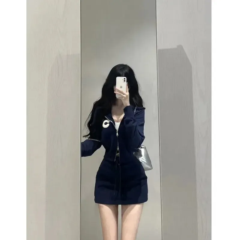 Amozae-2024 Spring New Preppy Style Women's Mini Dress Cropped Zipper Hooded Sweatshirt Jacket High-waisted Slimming Booty Lifting