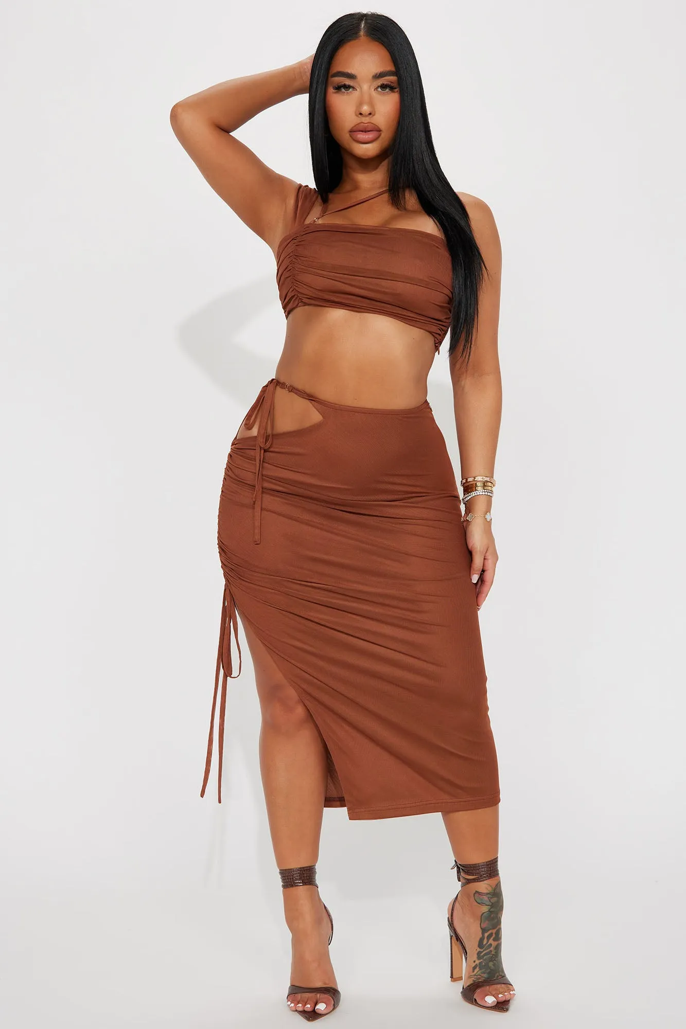 Anica Mesh Skirt Set - Brown