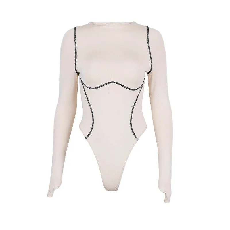 Athletic Crew Neck Contrast Seamed Long Sleeve Bodysuit - Apricot