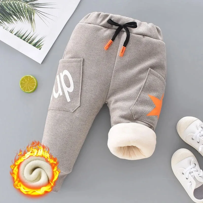 Autumn Winter Boys Fleece Sports Pant 0-6Y Child Straight Thick Warm 3 Layer Quilted Trousers Kid Elastic Waist Jogger Sweatpant