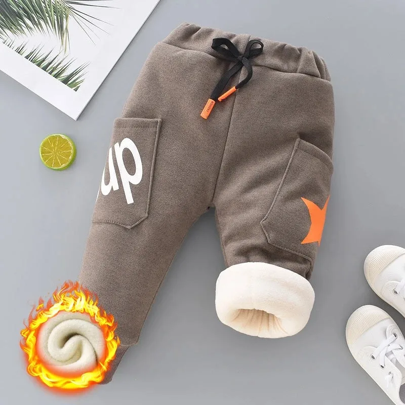 Autumn Winter Boys Fleece Sports Pant 0-6Y Child Straight Thick Warm 3 Layer Quilted Trousers Kid Elastic Waist Jogger Sweatpant