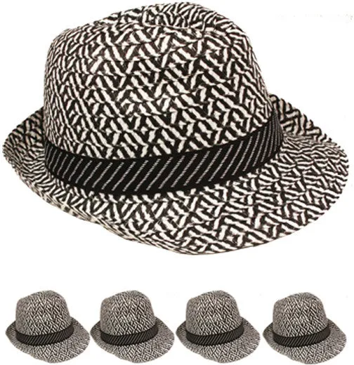 black & white fedora hat with striped ribbon Case of 72