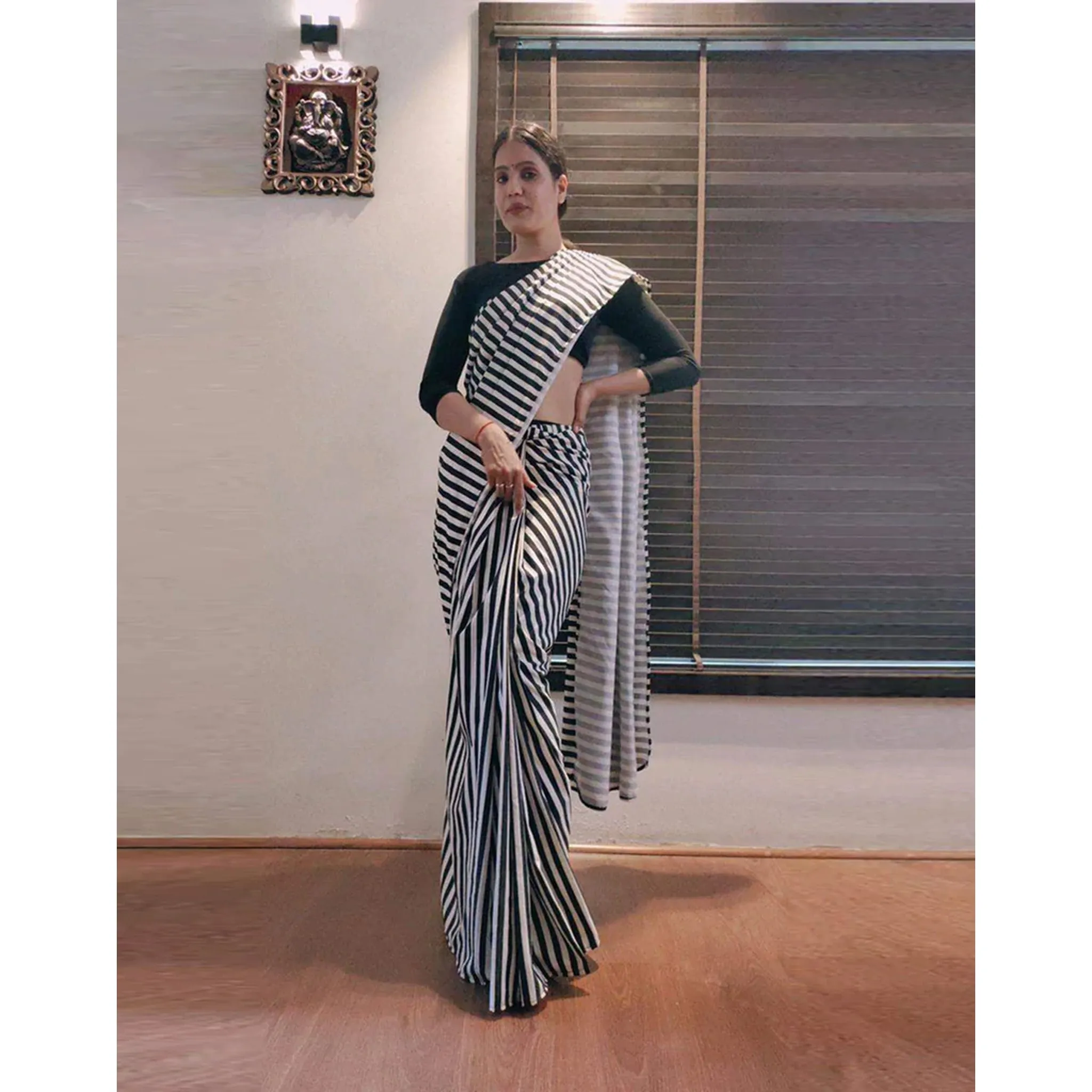 Black and White striped Ready to wear Georgette Saree