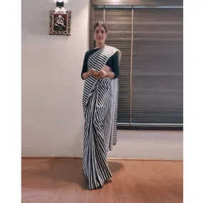 Black and White striped Ready to wear Georgette Saree