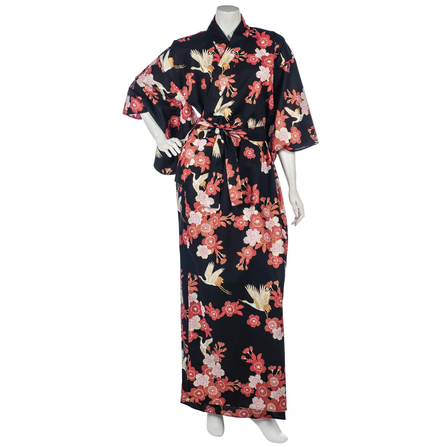 Black Cherry Blossom and Crane Japanese Kimono