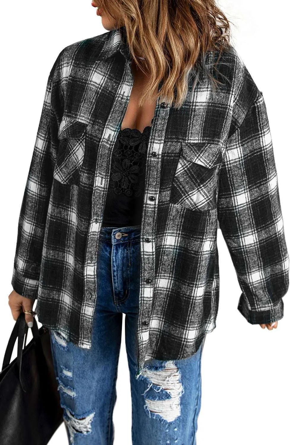 Black Collared Plaid Shacket - Stylish & Comfortable Outerwear