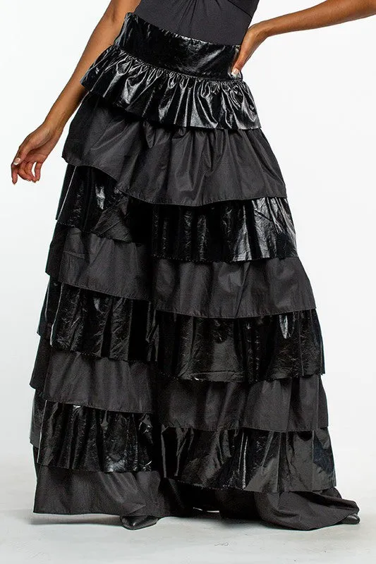 Black Faux Leather Layered Maxi Skirt With Ruffles