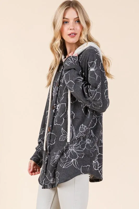 Black Flower Print Hooded Shacket