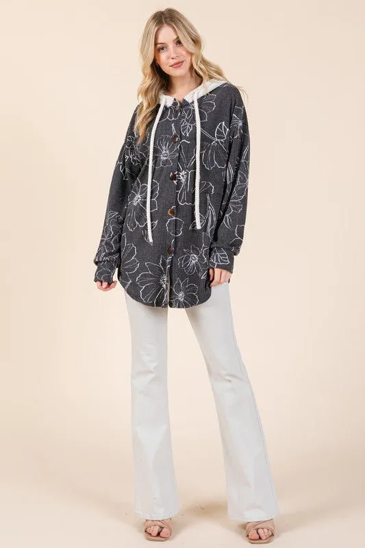 Black Flower Print Hooded Shacket