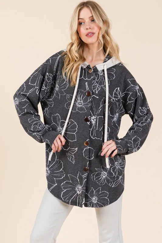 Black Flower Print Hooded Shacket