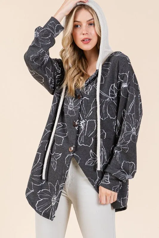 Black Flower Print Hooded Shacket