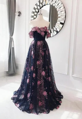 Black Lace Long A-Line Prom Dresses, Black Evening Dresses