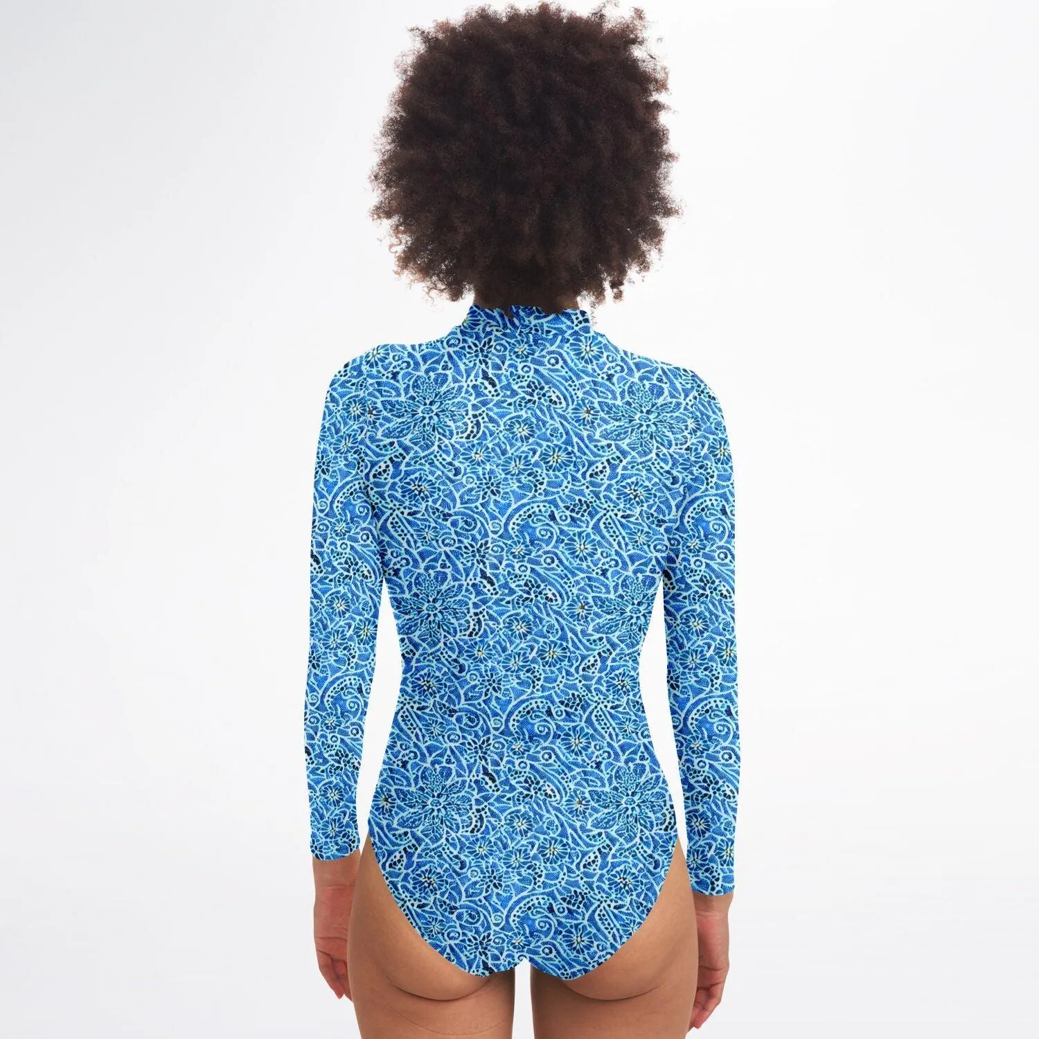 Blue Detailed Pattern Bodysuit Long Sleeve Swim Wear