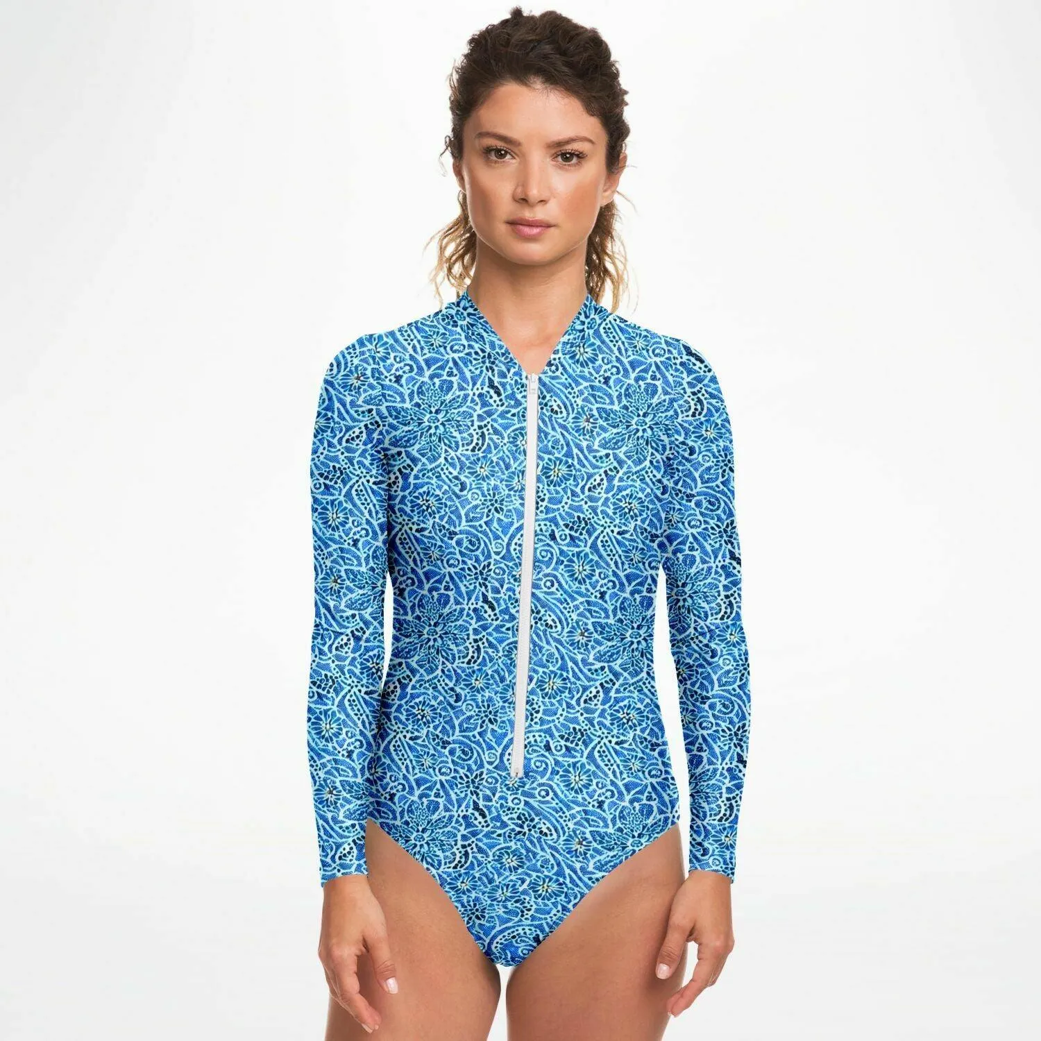 Blue Detailed Pattern Bodysuit Long Sleeve Swim Wear