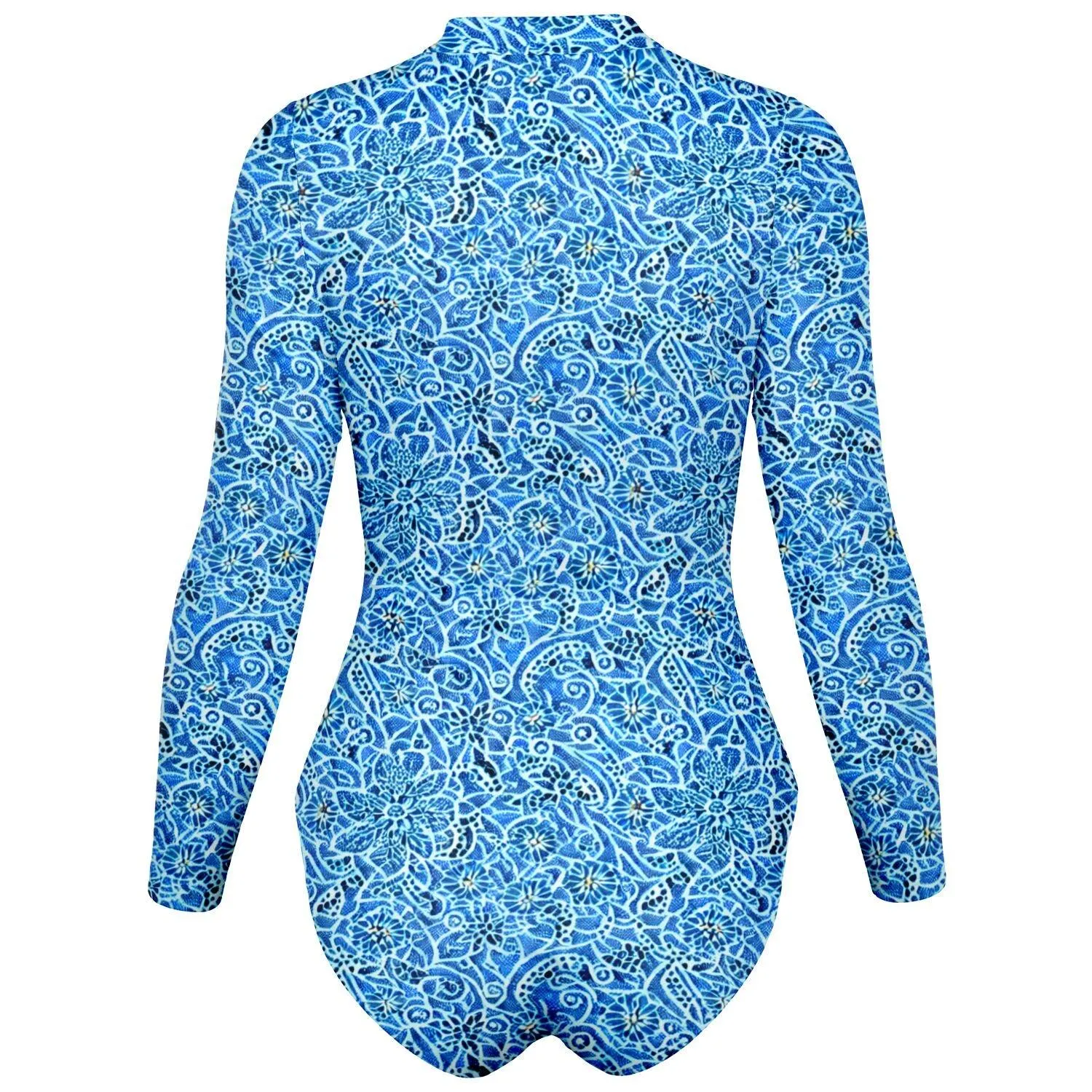 Blue Detailed Pattern Bodysuit Long Sleeve Swim Wear