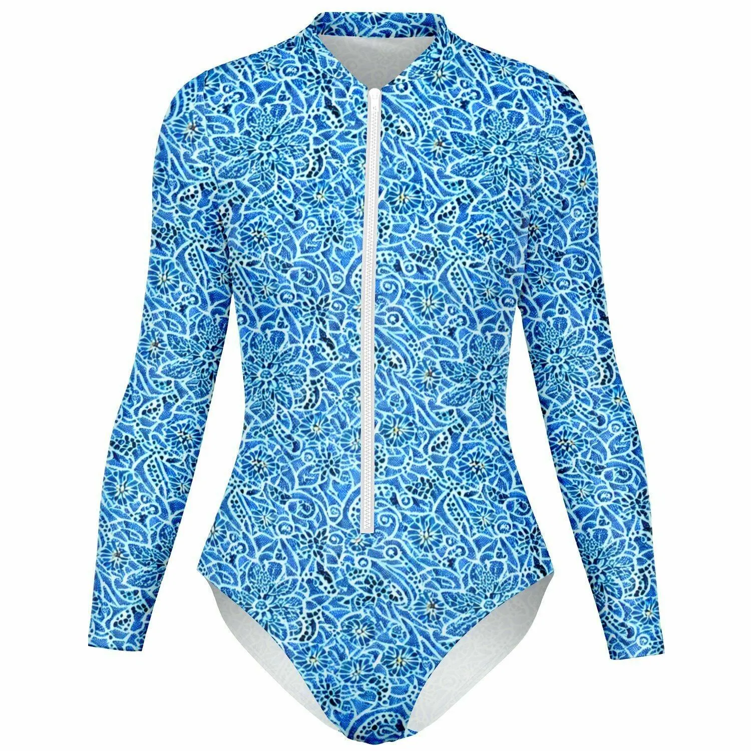 Blue Detailed Pattern Bodysuit Long Sleeve Swim Wear