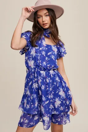 Bright Blue Flower Print Ruffle Sleeve Waist Tie Dress