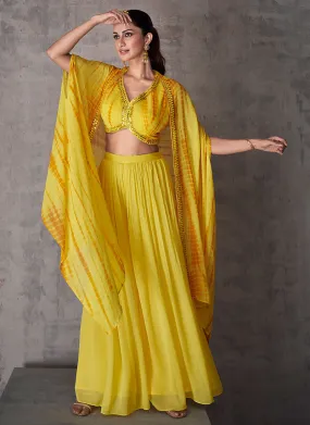 Bright Yellow Foil Mirror Embroidery Cape Style Palazzo Set