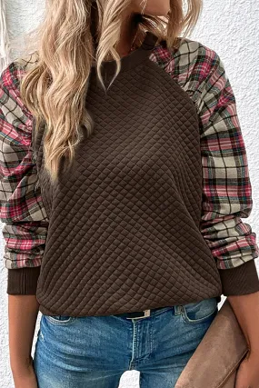 Brown Plaid Print Waffle Quilted Raglan Sleeve Sweatshirt