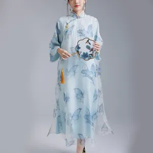 Buddha Stones 100% Mulberry Silk Organza Blue Butterfly Print Qipao Cheongsam Dress