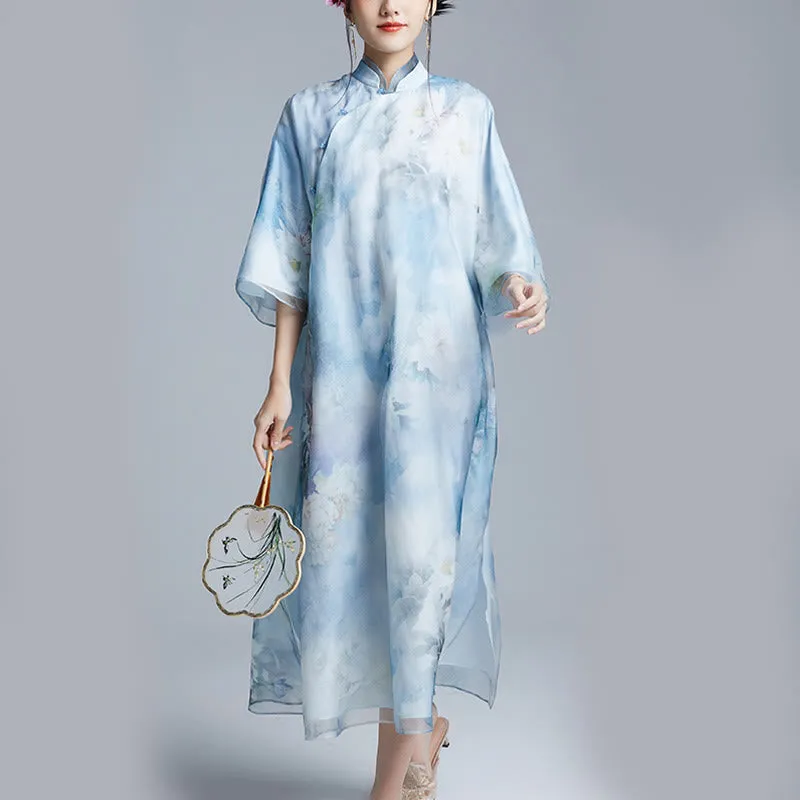 Buddha Stones 100% Mulberry Silk Organza Dress Flowers Print Qipao Cheongsam Dress