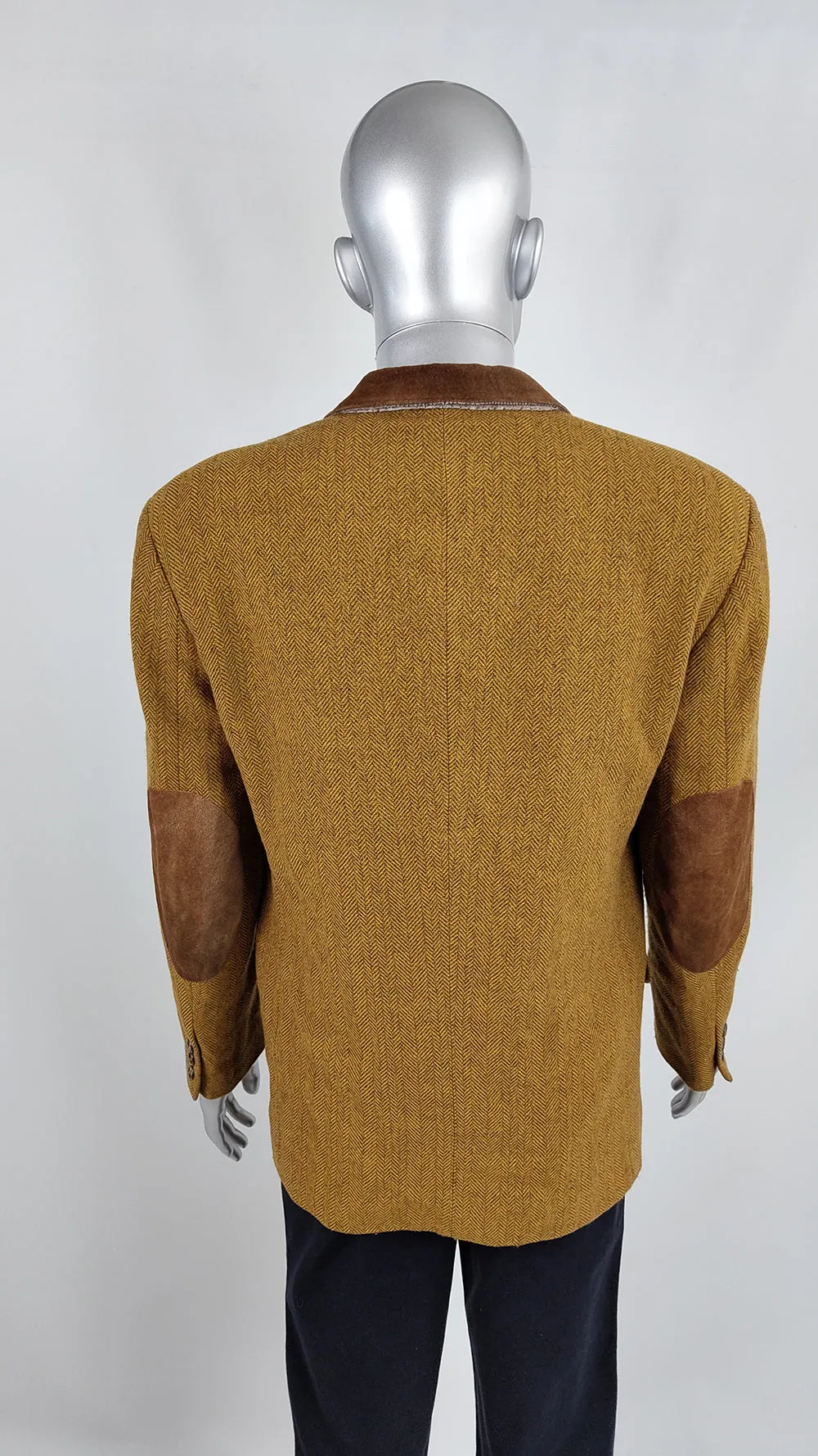 Byblos Vintage Mens Mustard Wool Tweed & Suede Blazer Jacket, 1980s