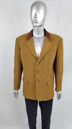 Byblos Vintage Mens Mustard Wool Tweed & Suede Blazer Jacket, 1980s