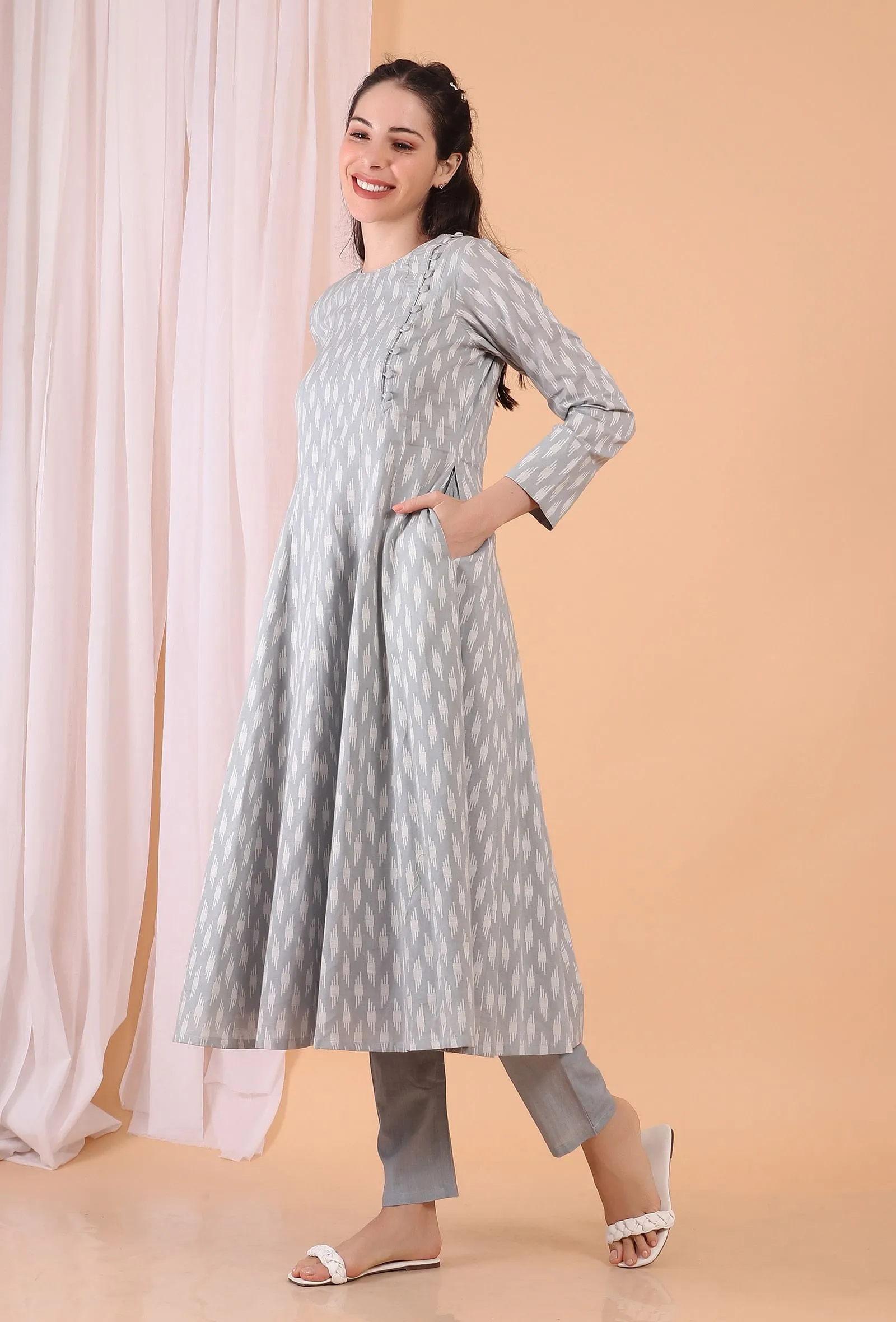 Cadet Grey Cotton Woven Kalidar Dress