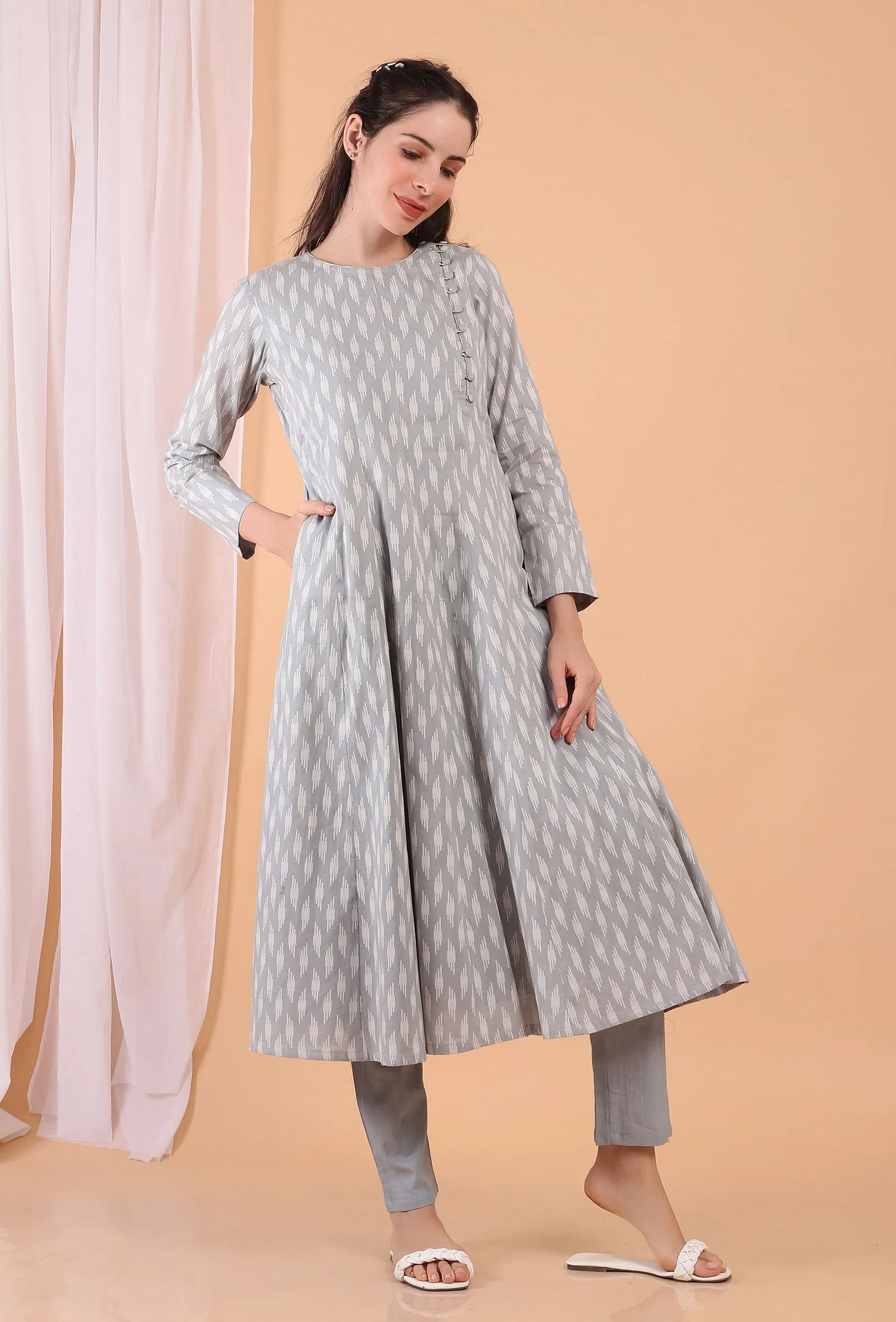 Cadet Grey Cotton Woven Kalidar Dress