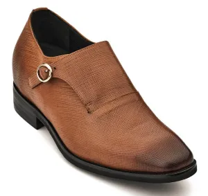 CALTO - Y1181 - 3.2 Inches Taller (Sand Brown) - Lightweight Monk Strap Slip-On Dress Shoes