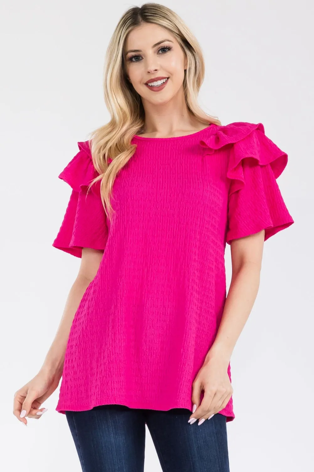 Celeste Full Size Ruffle Layered Short Sleeve Texture Top