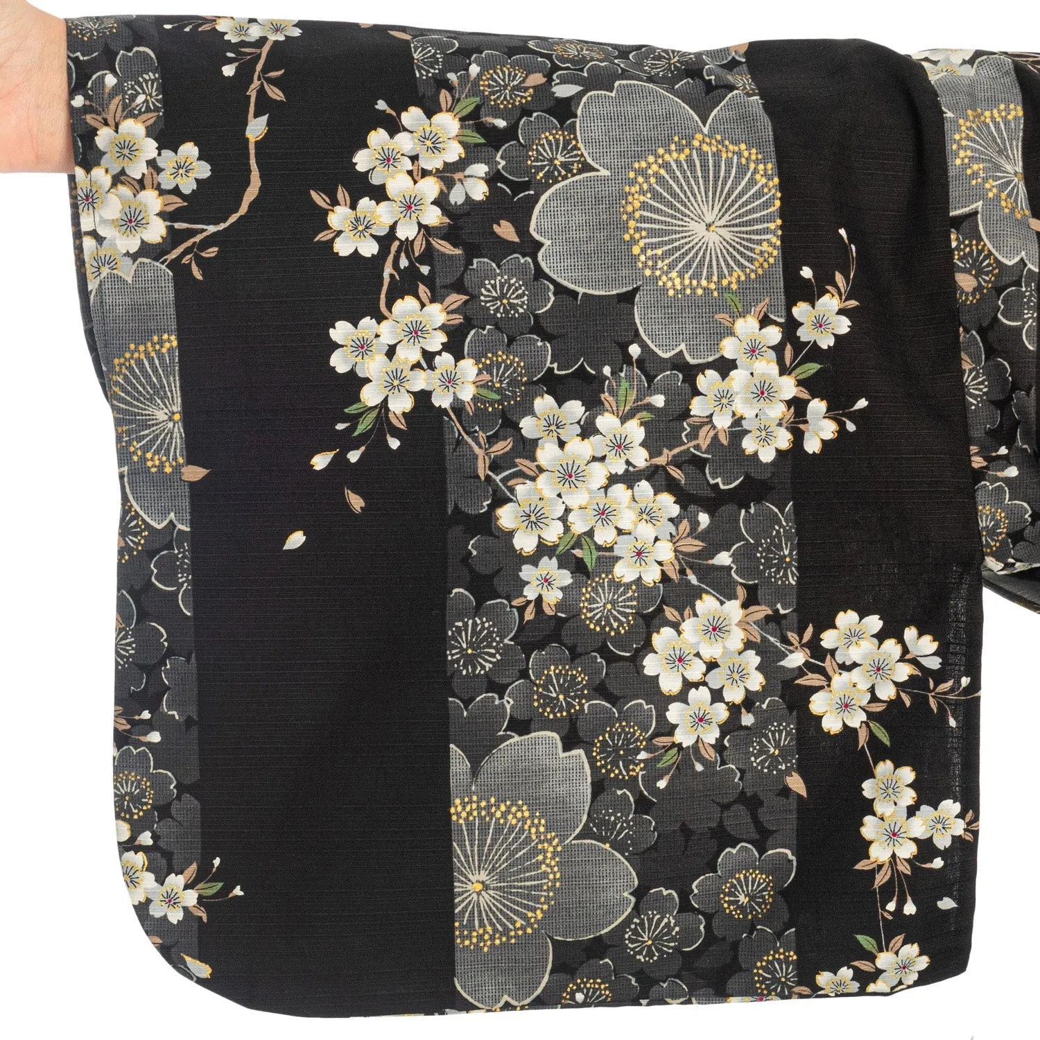 Cherry Blossom Print Long Black Yukata XL