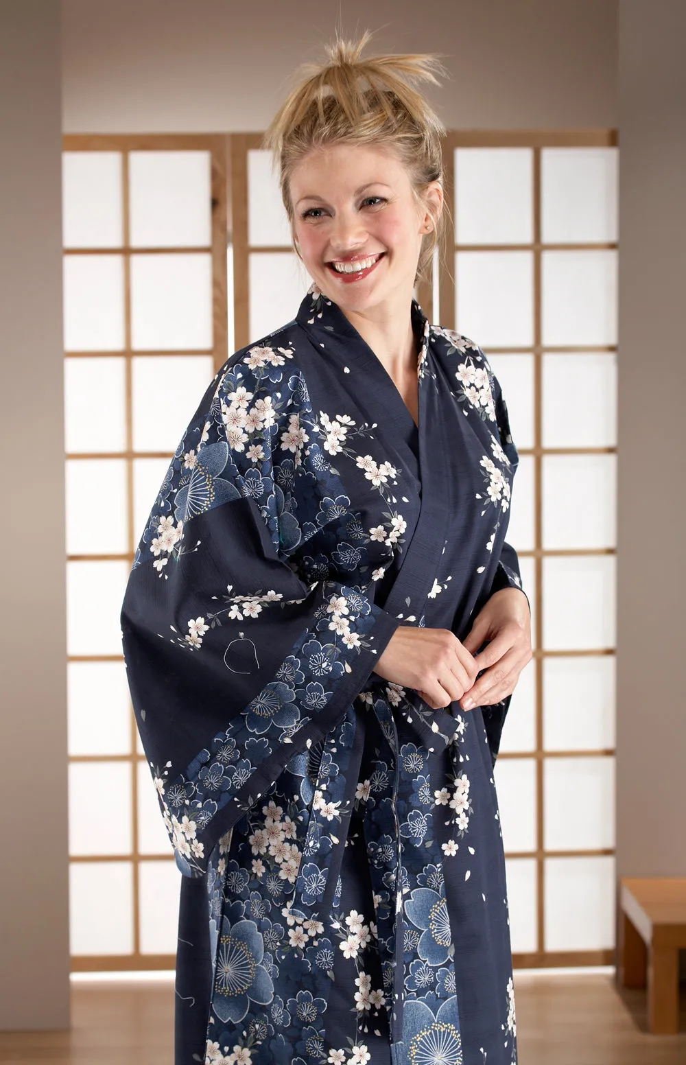 Cherry Blossom Print Long Navy Yukata