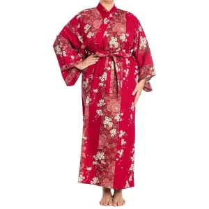 Cherry Blossom Print Long Red Yukata XL