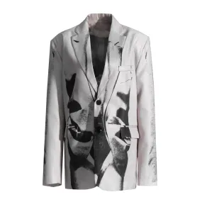 Chic Loose Blazers For Women Notched Collar Long Sleeve Hit Color Printing Casual Blazer Female Fashion Clothing