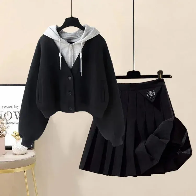 Chic Preppy Pockets Hoodie Coat & Pleated Skirt Ensemble