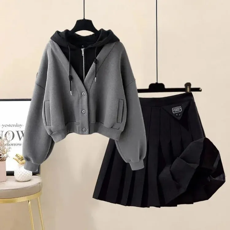 Chic Preppy Pockets Hoodie Coat & Pleated Skirt Ensemble