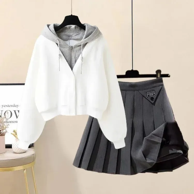 Chic Preppy Pockets Hoodie Coat & Pleated Skirt Ensemble