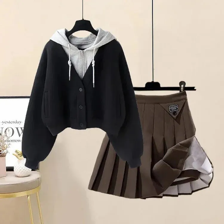 Chic Preppy Pockets Hoodie Coat & Pleated Skirt Ensemble