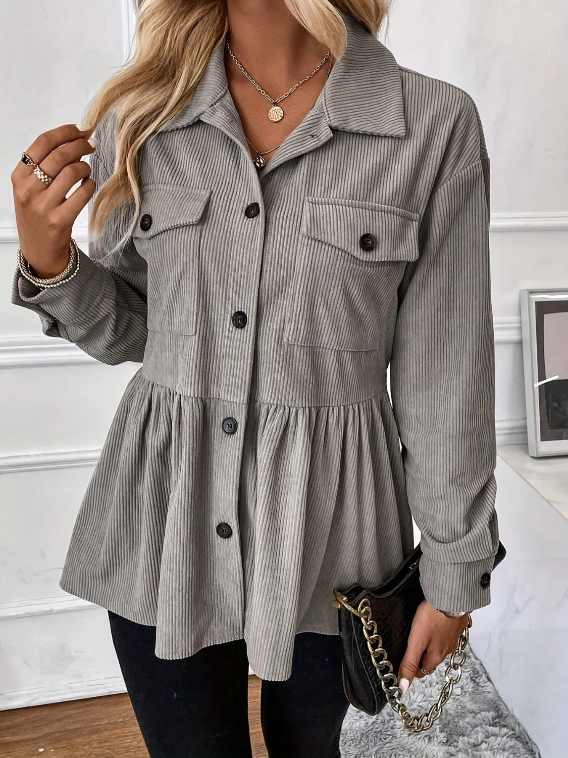 Corduroy Peplum Button Up Shacket