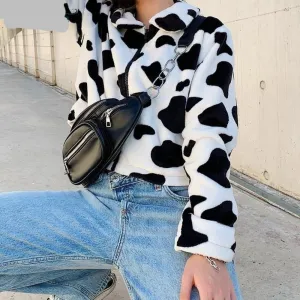 Cow Print Teddy Zipper Warm Coat